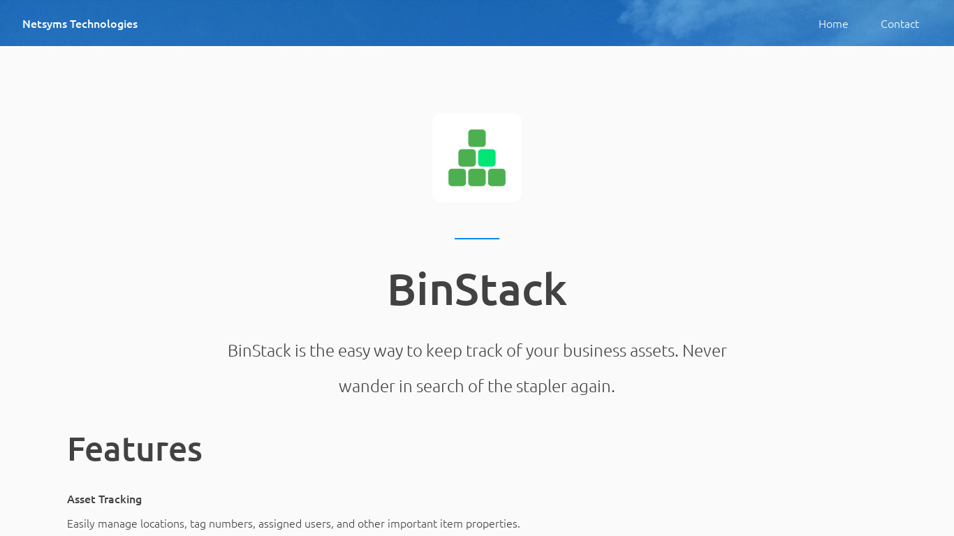 BinStack Landing page