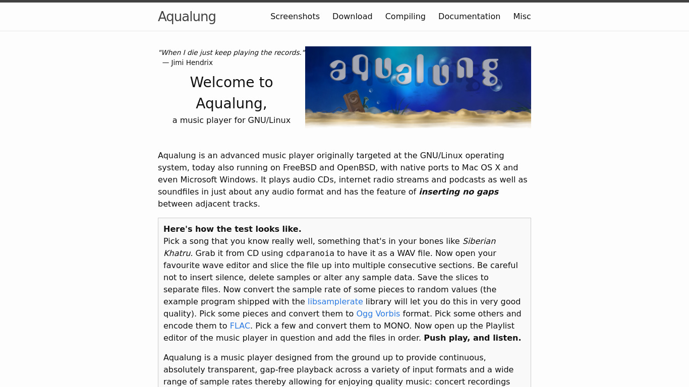 Aqualung Landing page