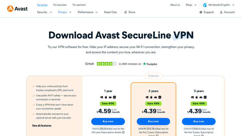 Avast SecureLine VPN Landing Page