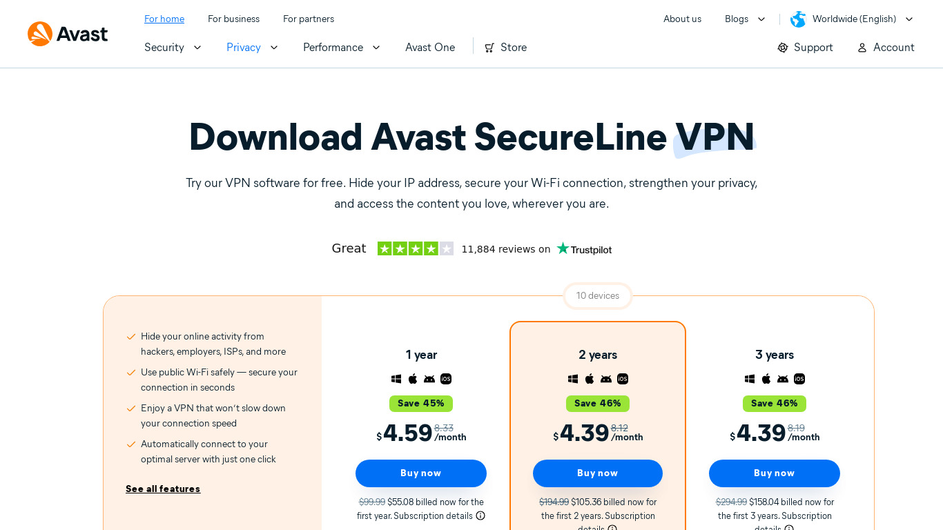 Avast SecureLine VPN Landing page