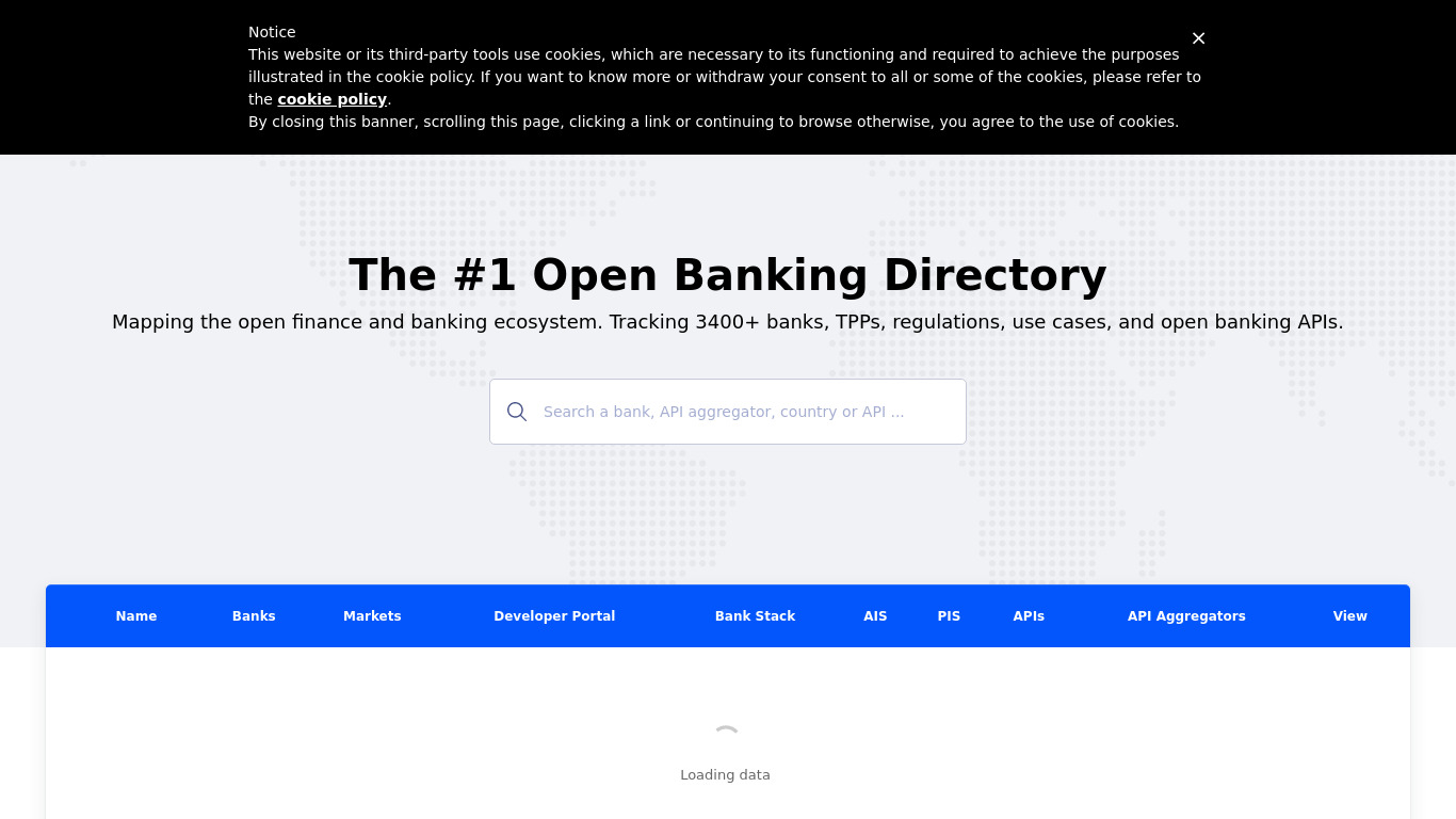 Open Banking API Tracker Landing page