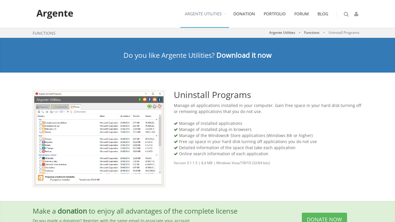 Argente Uninstall Programs Landing page
