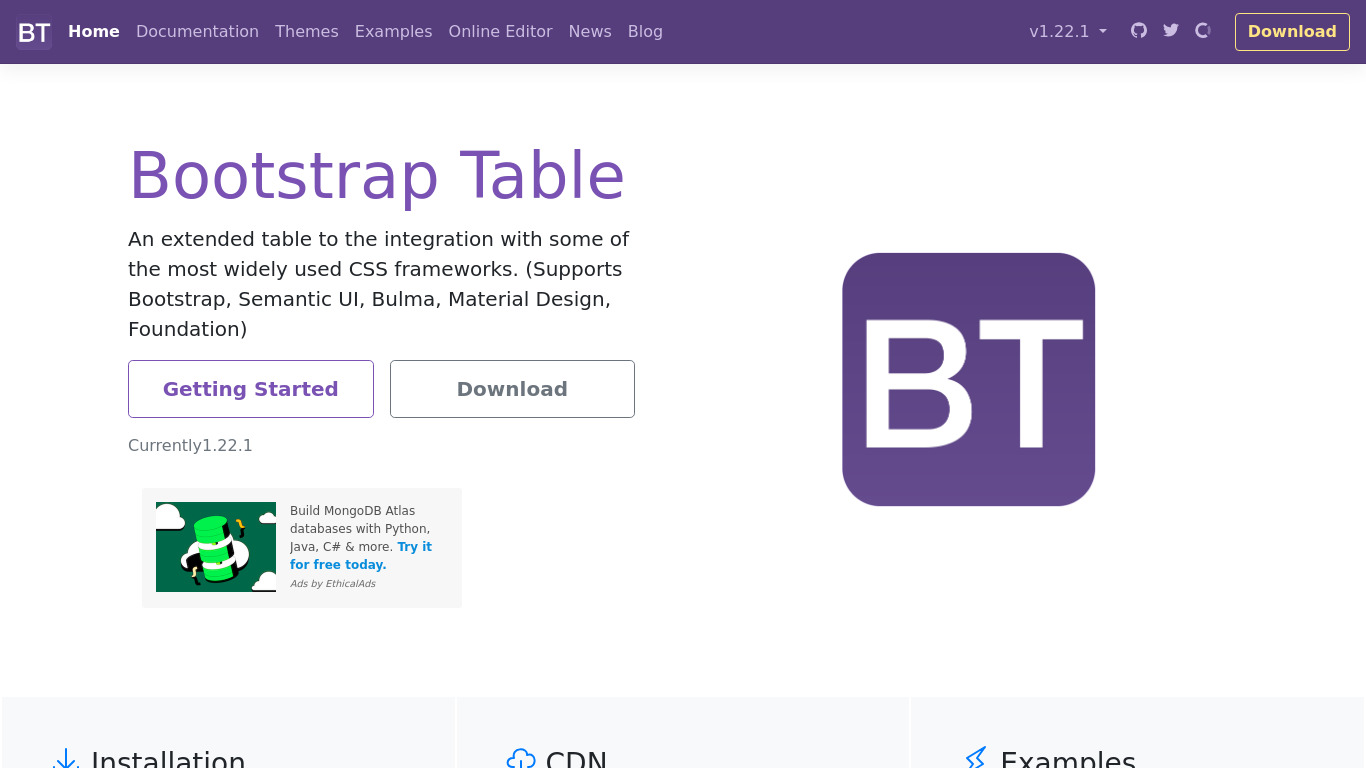 Bootstrap Table Landing page