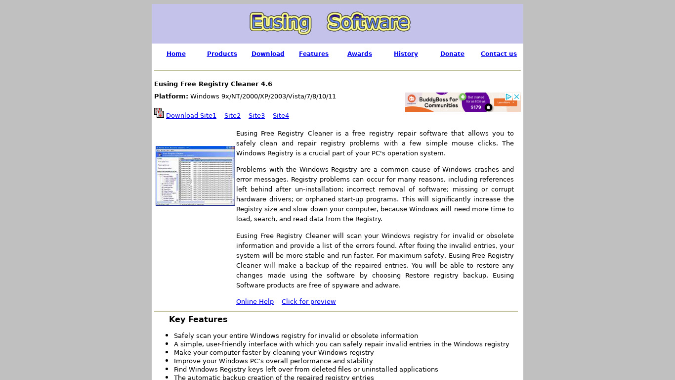 Eusing Free Registry Cleaner Landing page