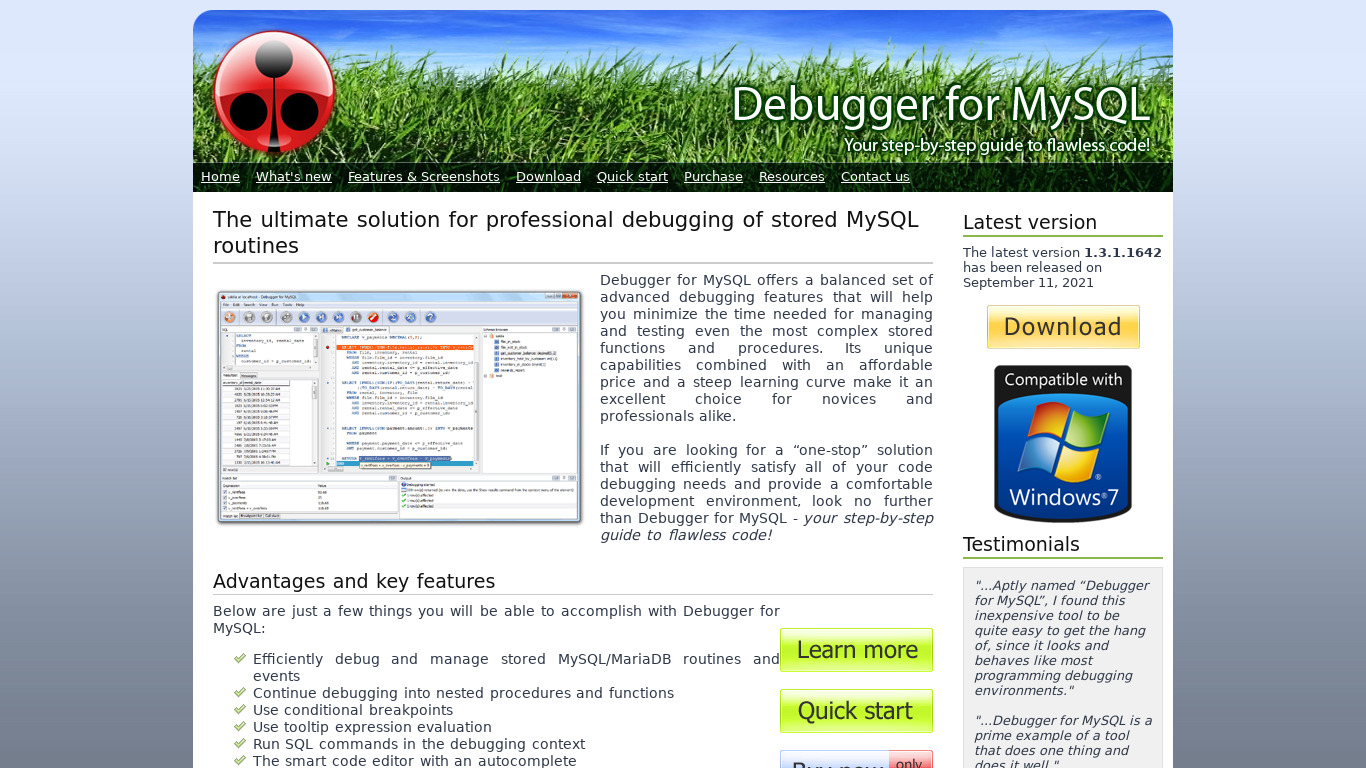 Debugger for MySQL Landing page
