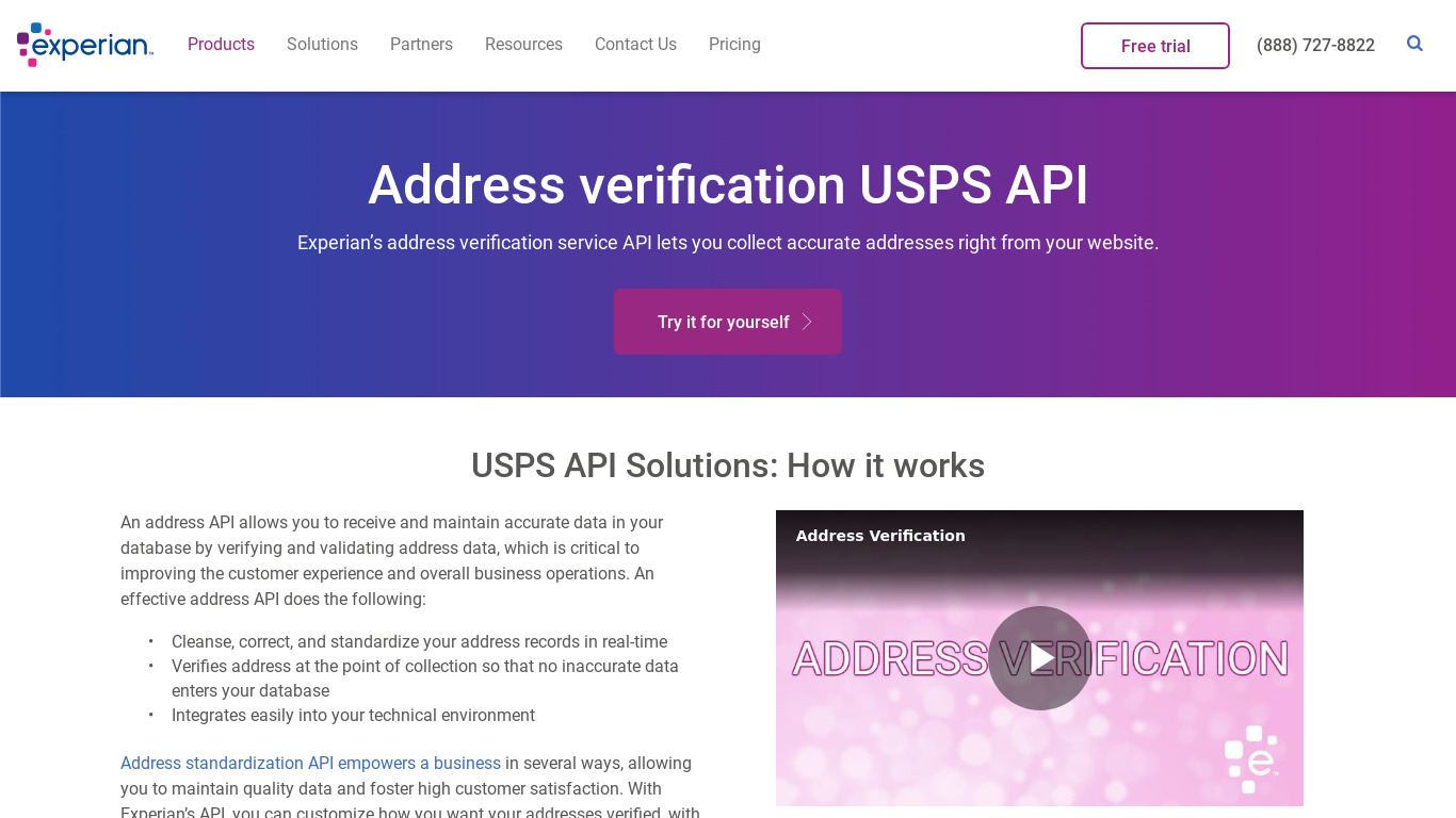 Experian Address Verification API Landing page