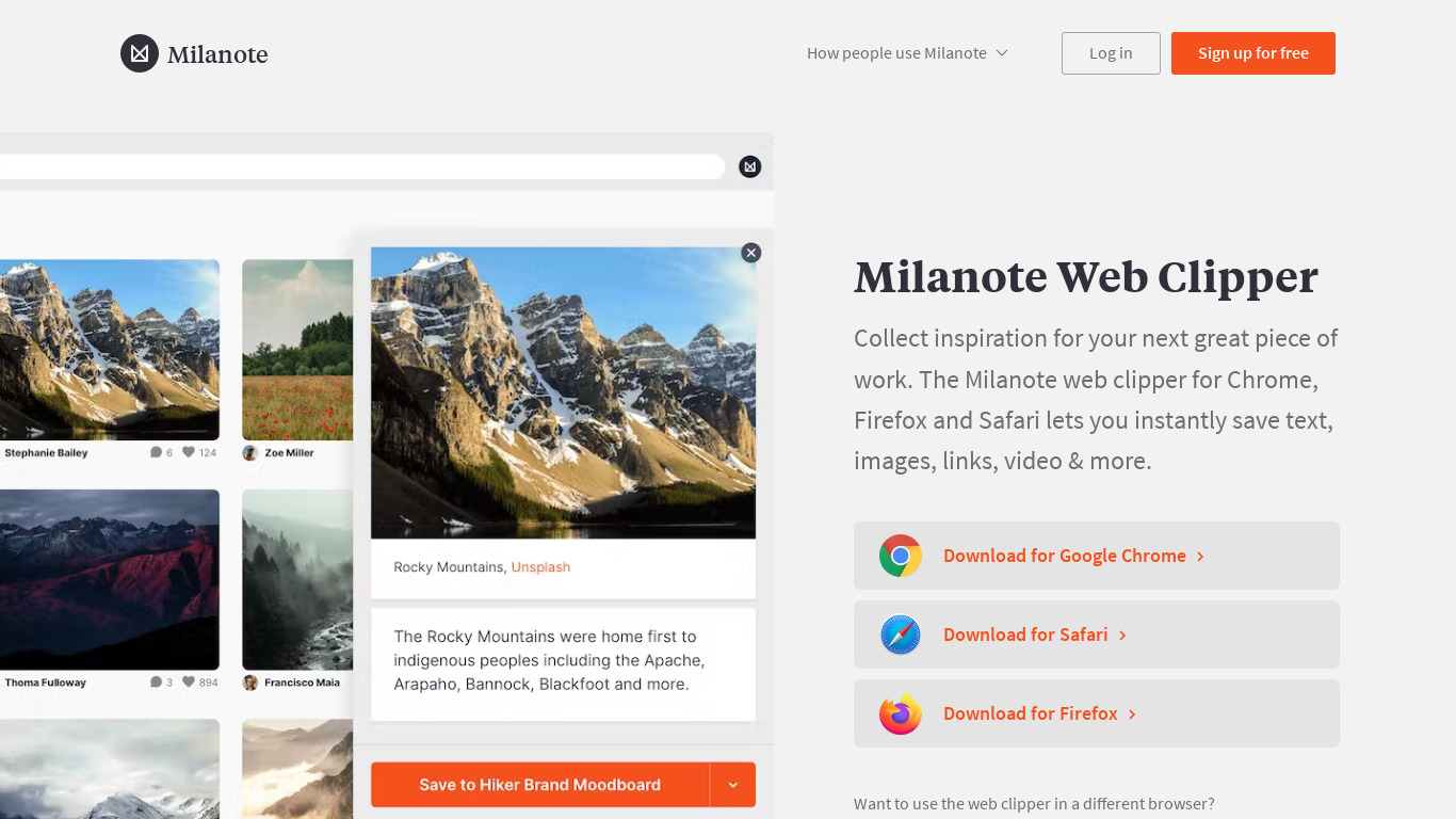 Milanote Web Clipper Landing page