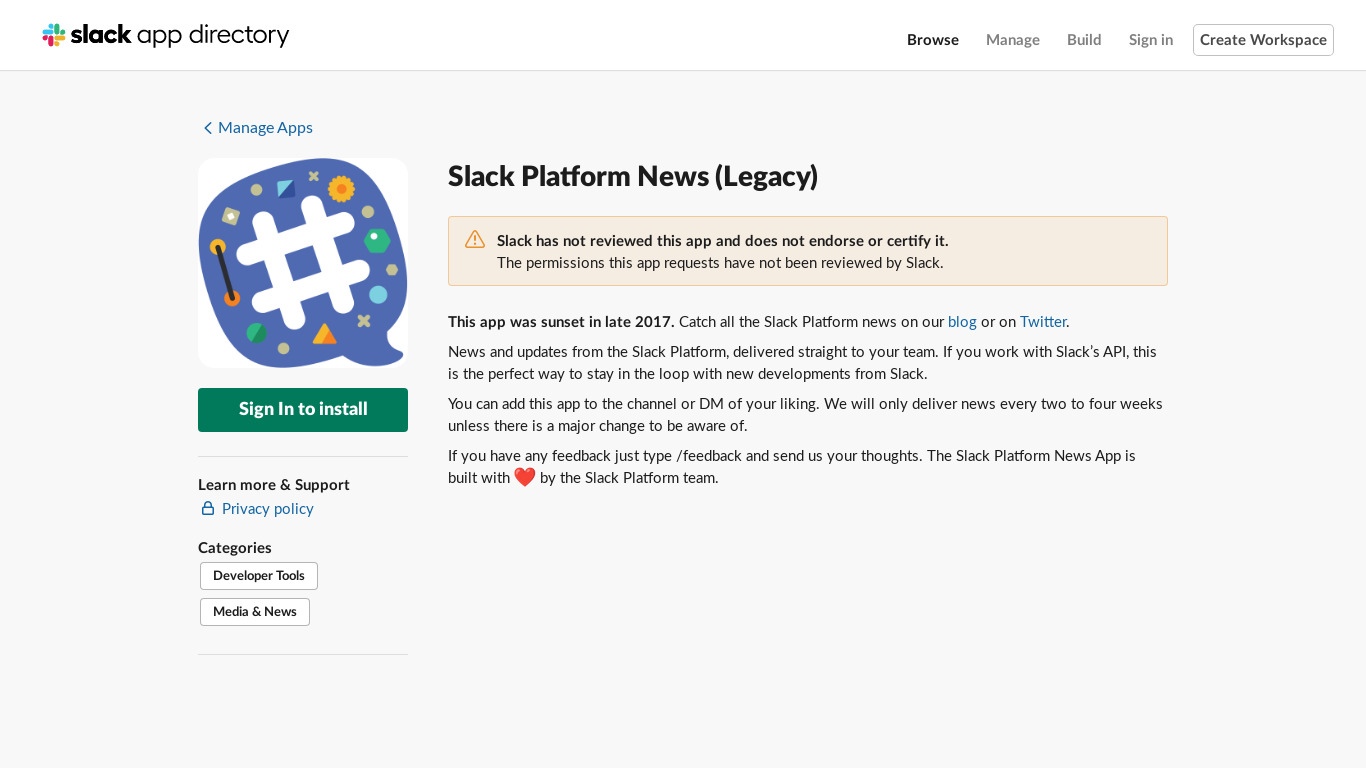 Slack Platform News Landing page