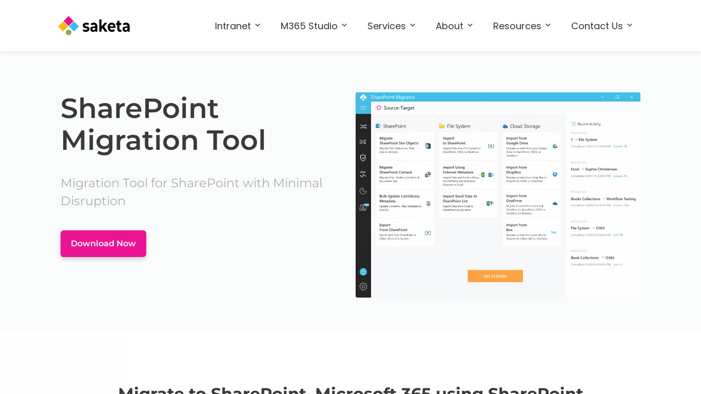 Saketa Sharepoint Migration Tool Landing page