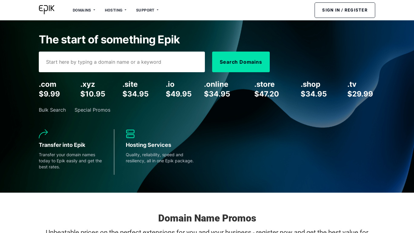 Epik Domain Registration Landing page