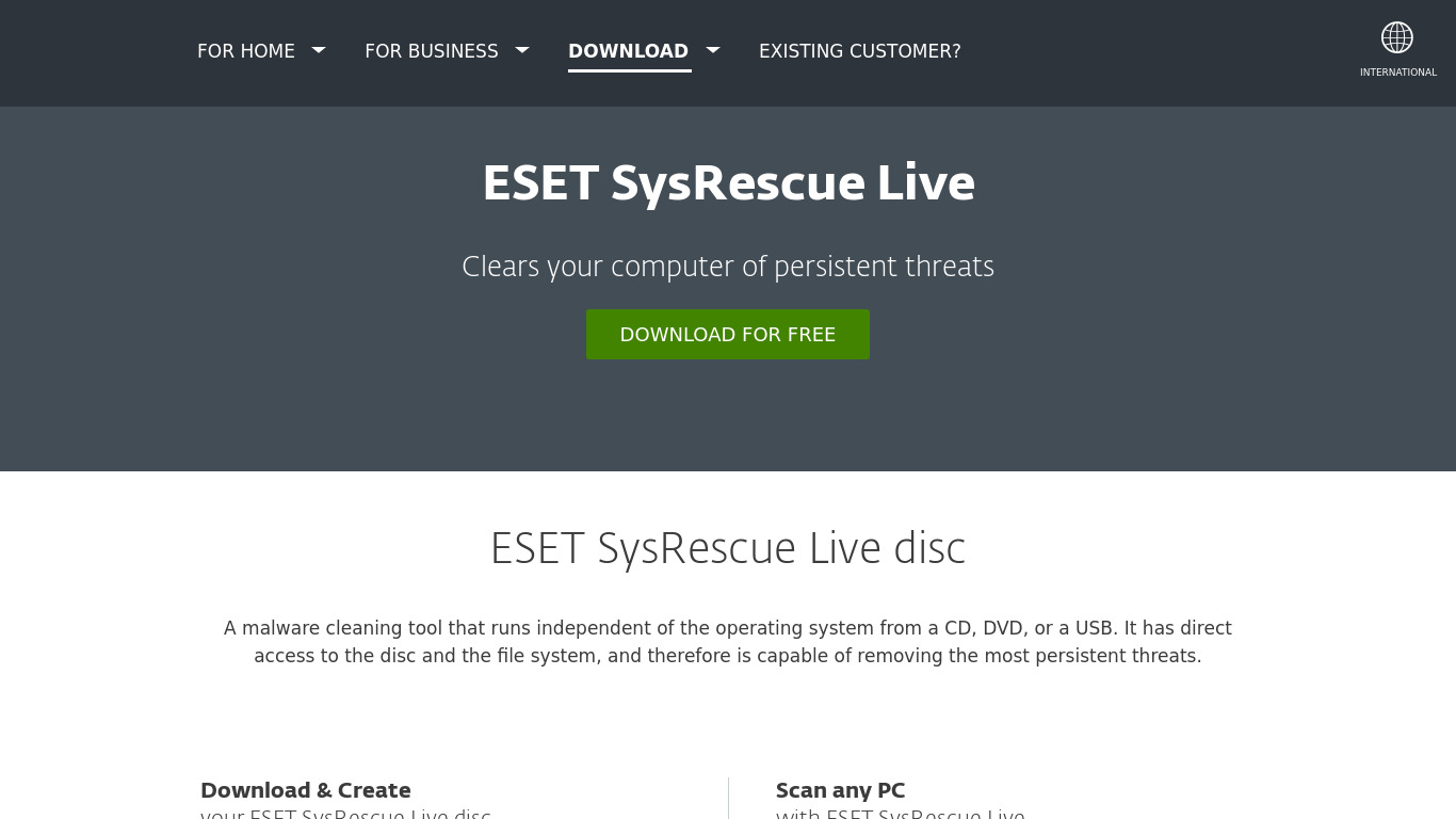 ESET SysRescue Live Landing page