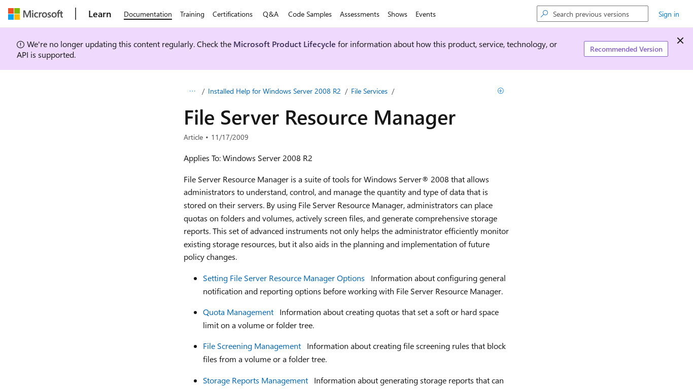 File Server Resource Manager Landing page