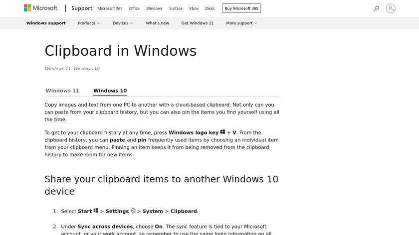 Windows 10 Clipboard Landing Page