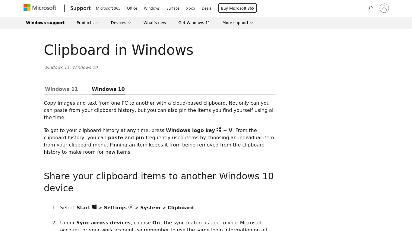 Windows 10 Clipboard Landing page