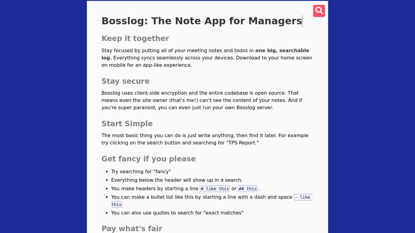 Bosslog Landing page