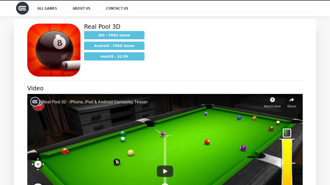 EivaaGames Real Pool 3D Landing page