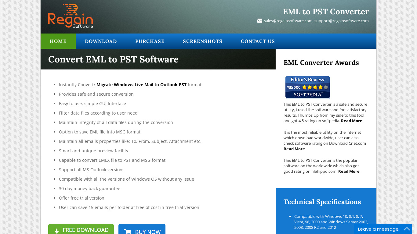 Regain EML to PST Converter Landing page