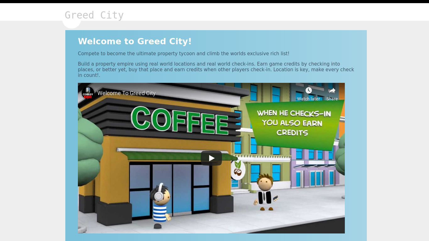 Greed City Landing page