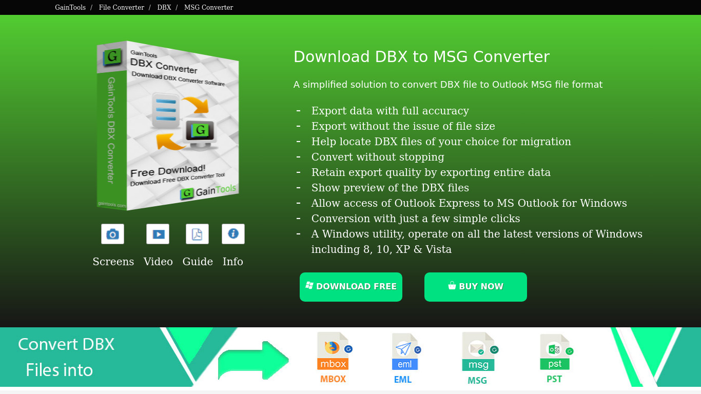 GainTools DBX to MSG Converter Landing page