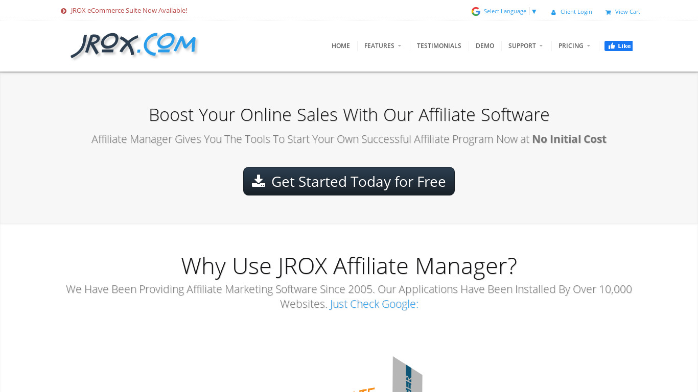 JROX Affiliate Manager Landing page