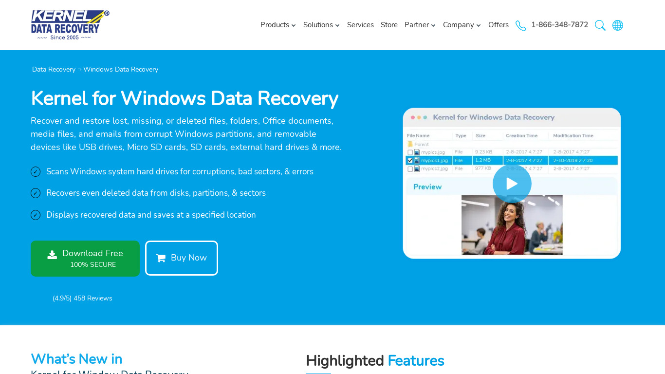 Kernel for Windows Data Recovery Landing page