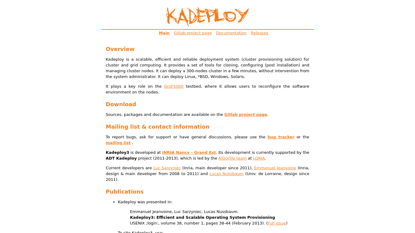 kadeploy Landing page