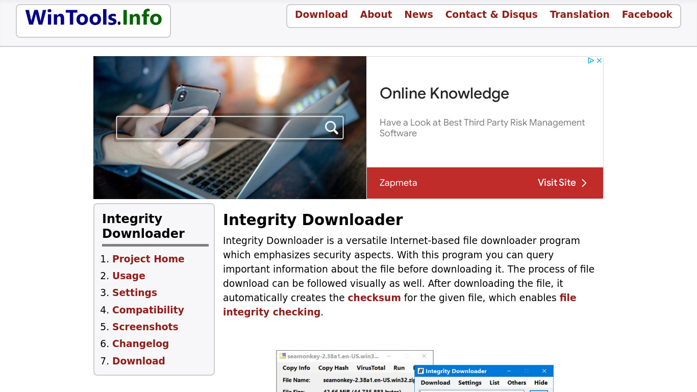 Integrity Downloader Landing page