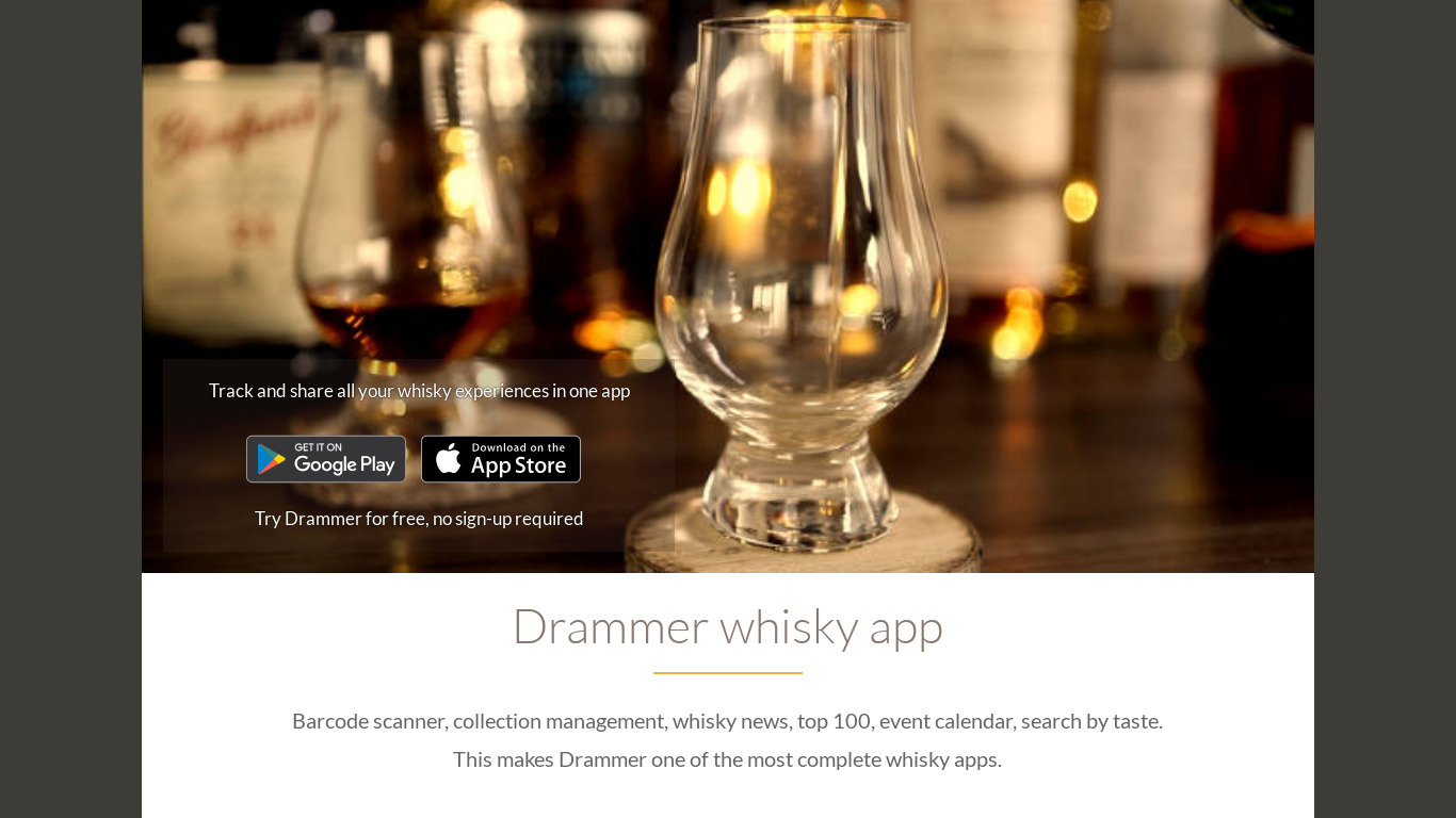 Drammer Whisky App Landing page