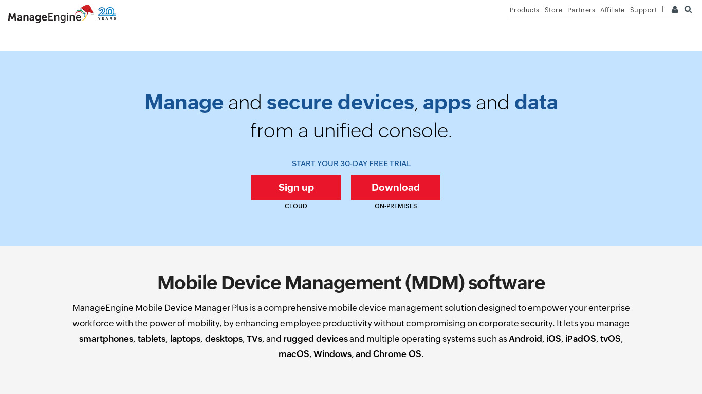 ManageEngine Mobile Device Manager Plus Landing page