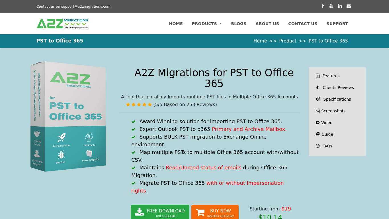 A2Zmigrations PST to Office 365 Landing page