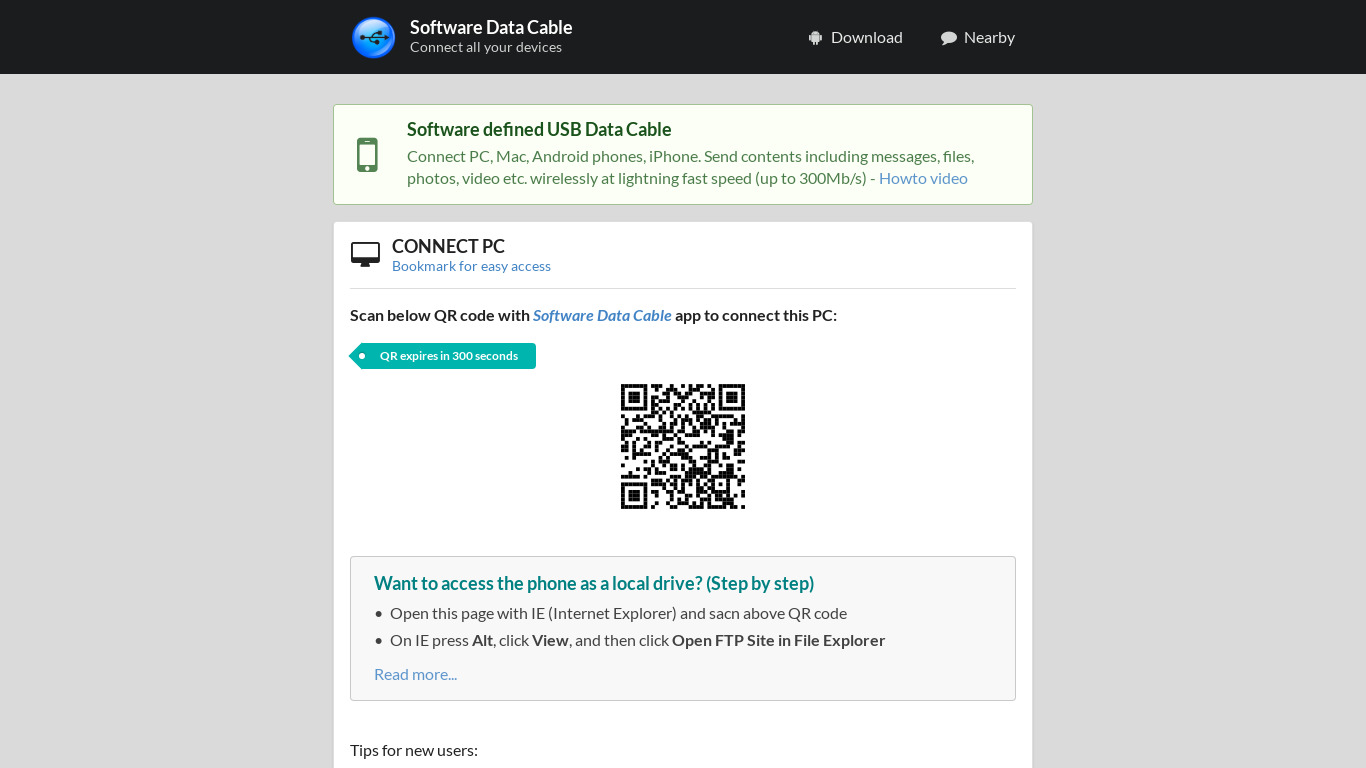 Software Data Cable Landing page