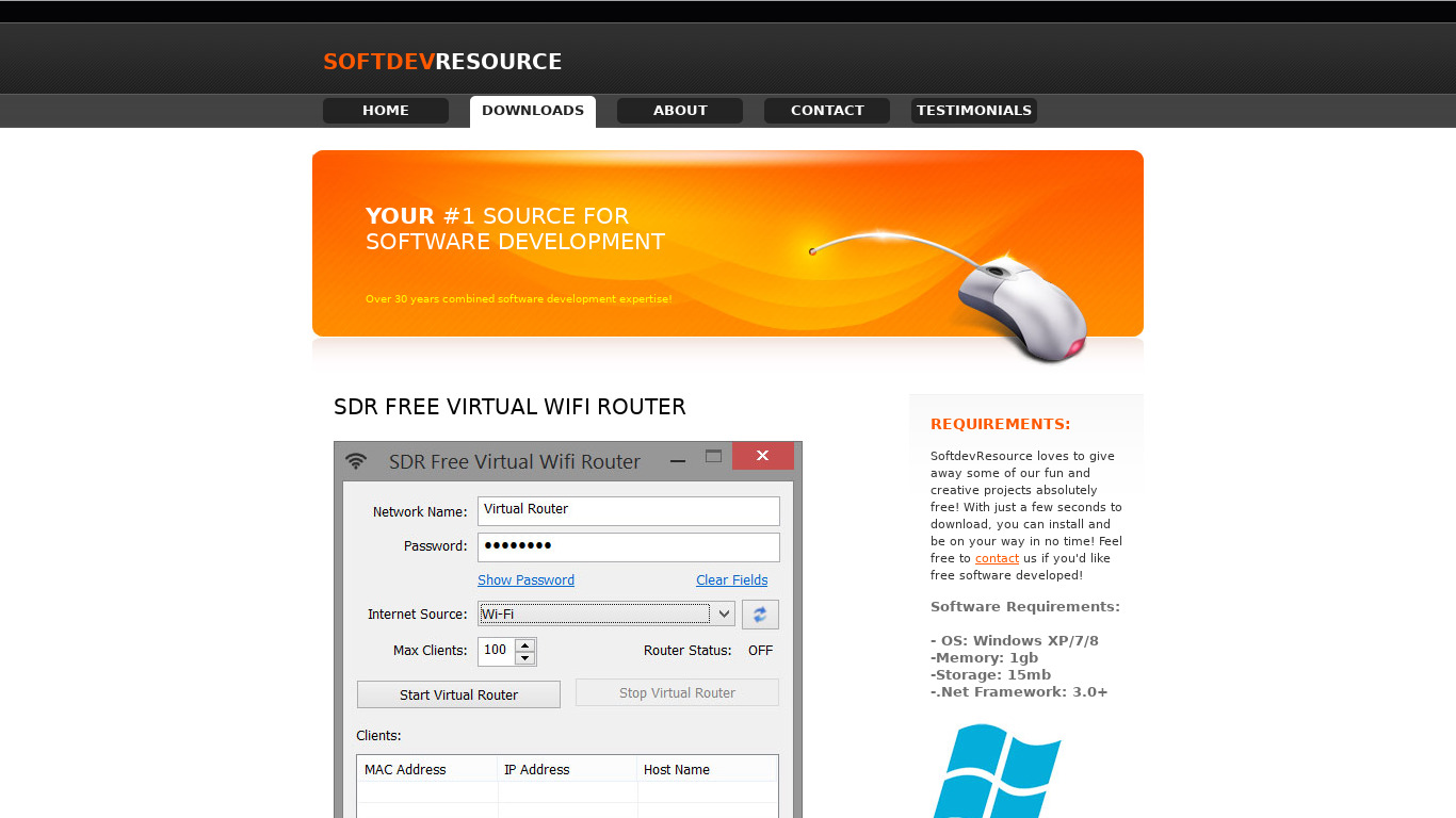 SDR Free Virtual Wifi Router Landing page