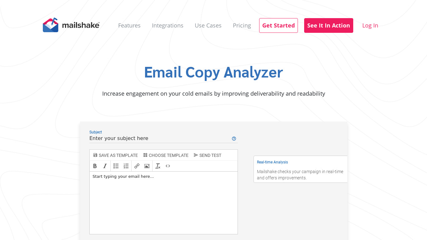Cold Email Analyzer by Mailshake Landing page