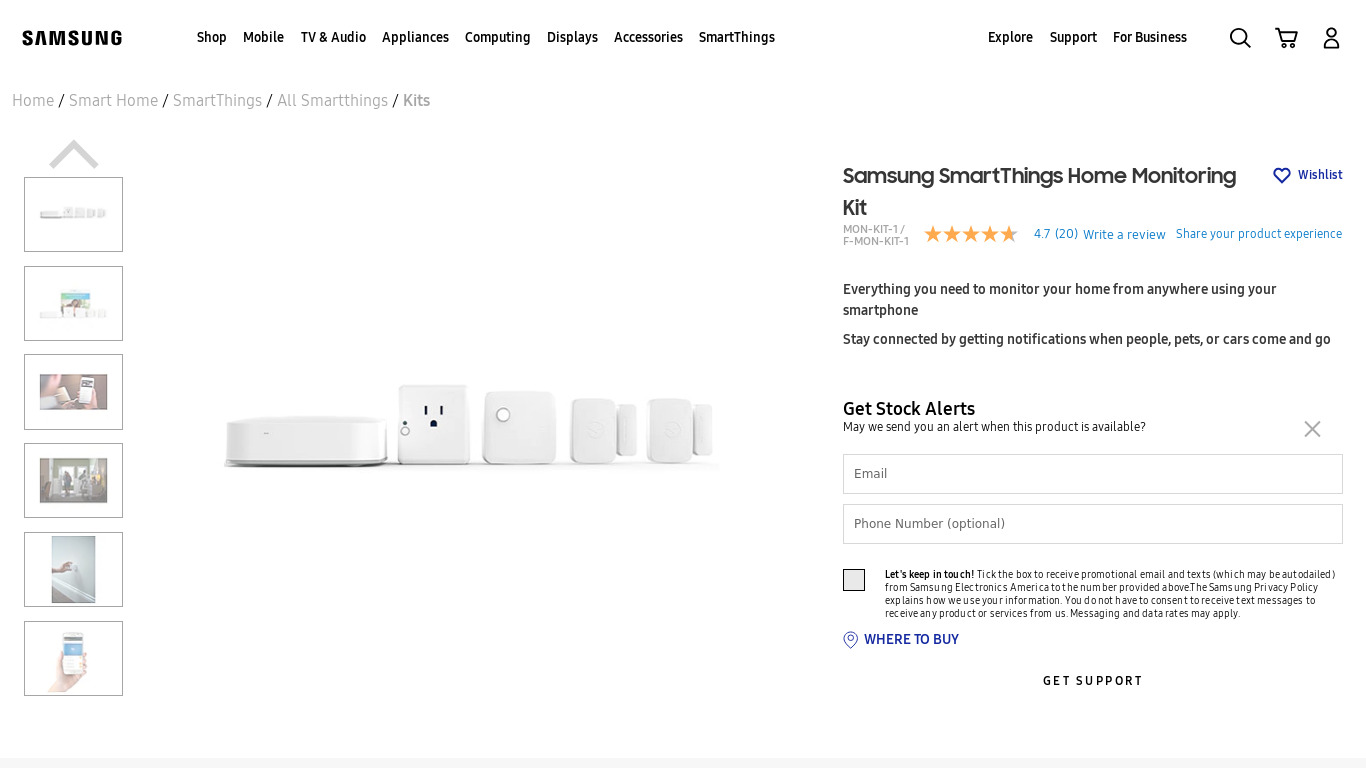 Samsung SmartThings Home Monitoring Kit Landing page