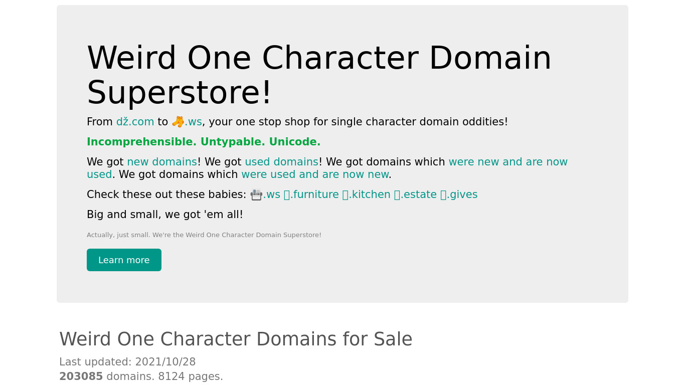 Weird One Character Domain Superstore Landing page