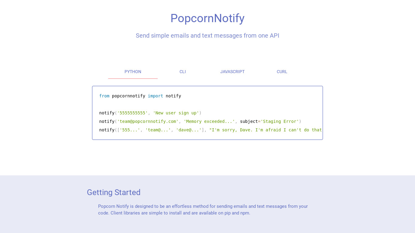 PopcornNotify Landing page