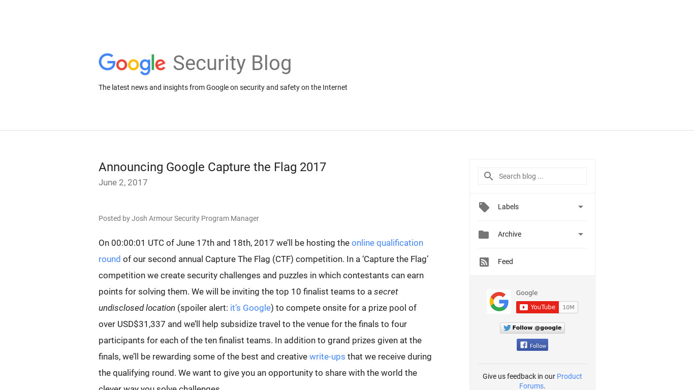 Google Capture the Flag 2017 Landing page