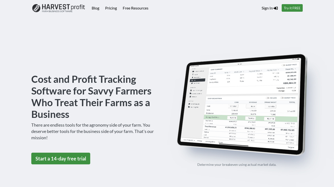 Harvest Profit Landing page