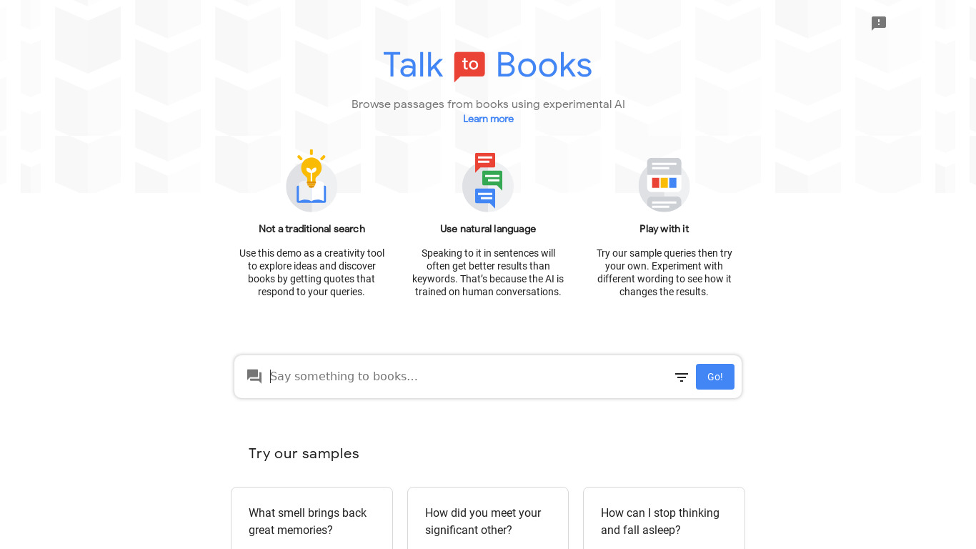 Talk to Books by Google Landing page