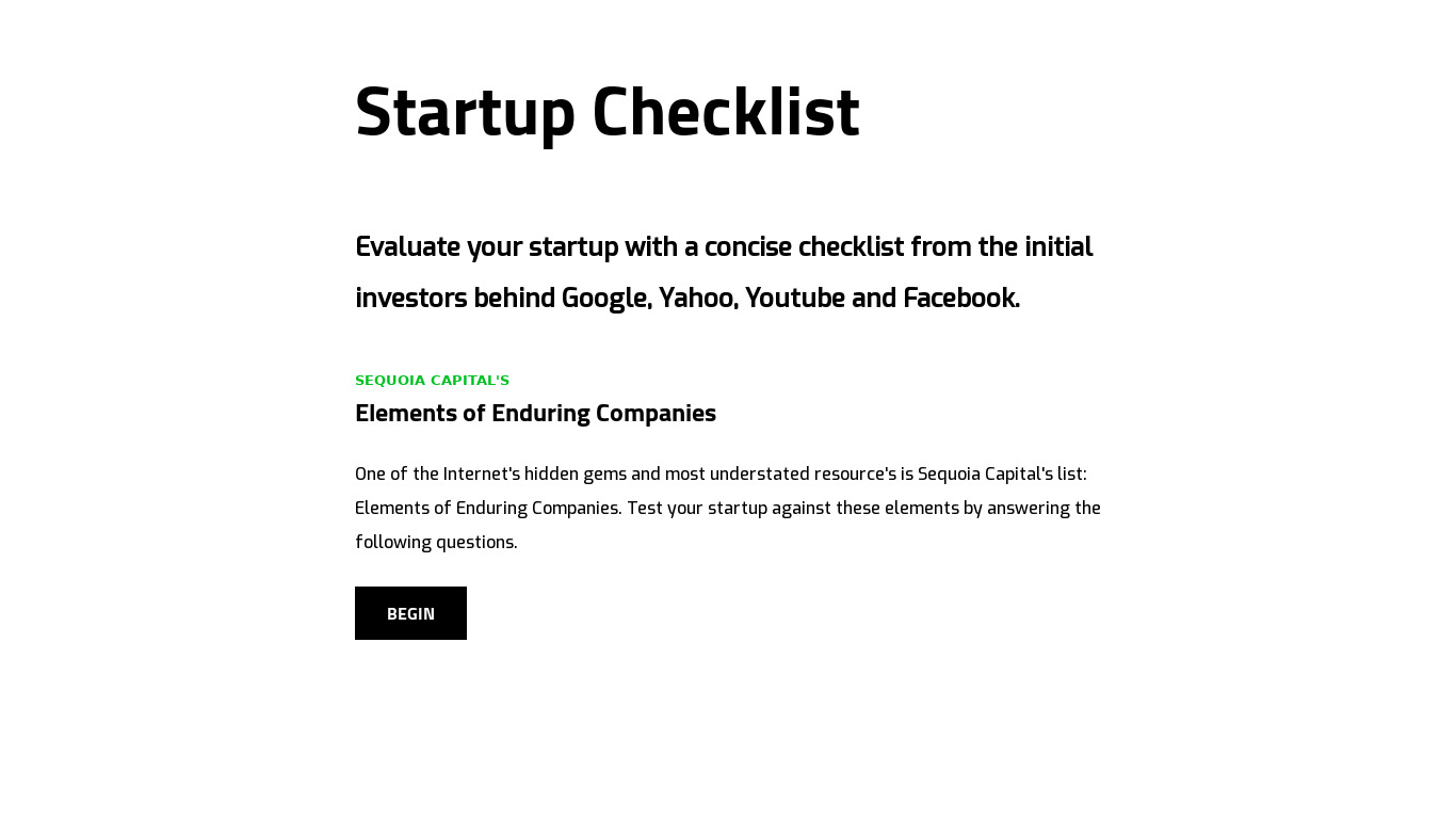 Startup Checklist Landing page