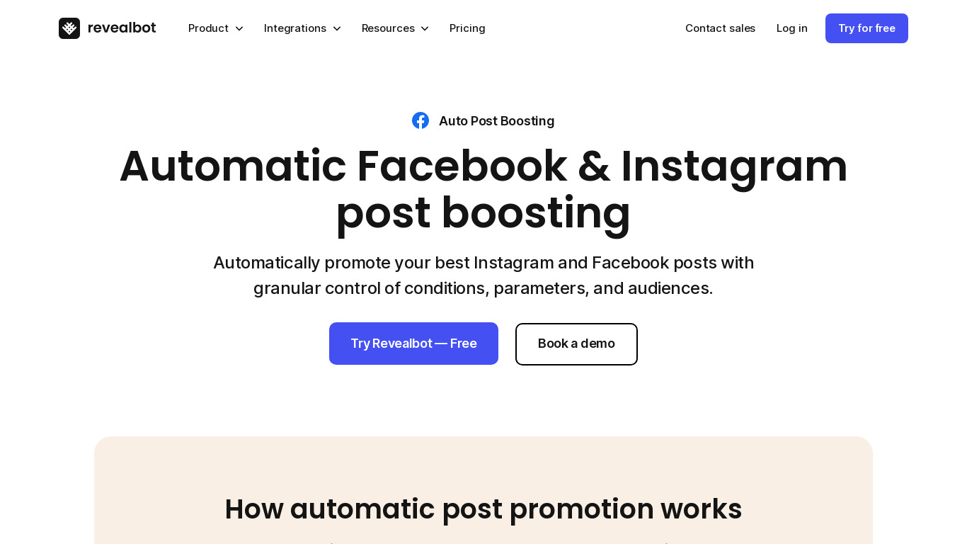 Auto Post-Boosting by Revealbot Landing page