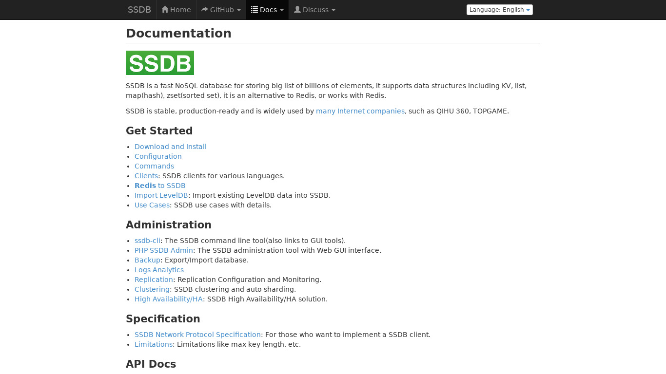 SSDB.io Landing page