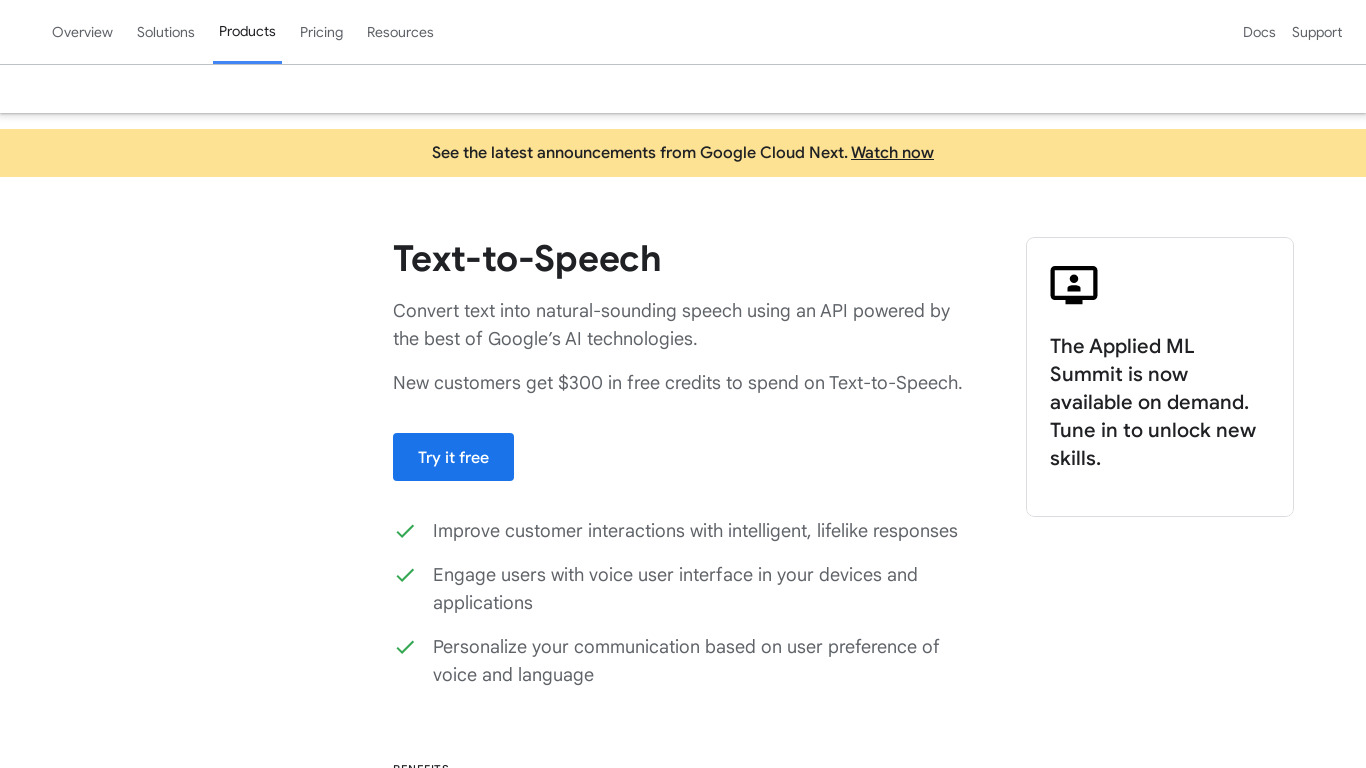 Google Cloud Text-to-Speech Landing page