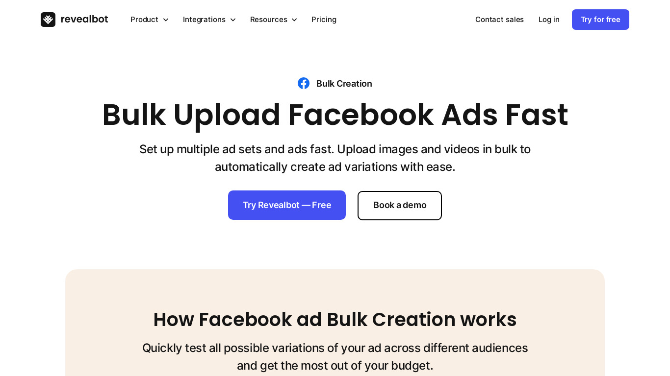 Ads bulk creation by Revealbot Landing page