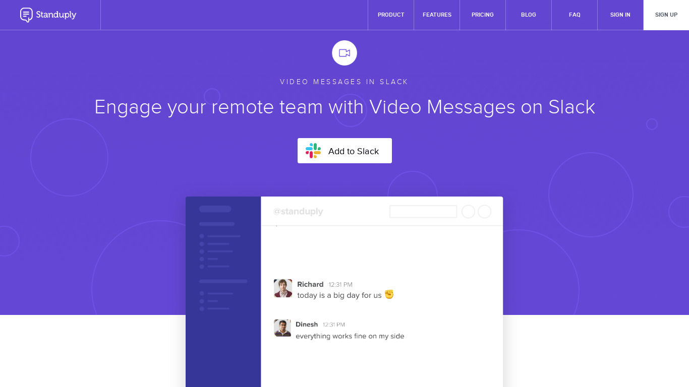 Slack Video Messaging by Standuply Landing page
