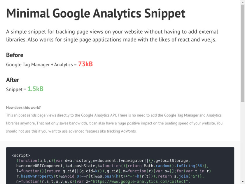 Minimal Google Analytics Snippet Landing Page