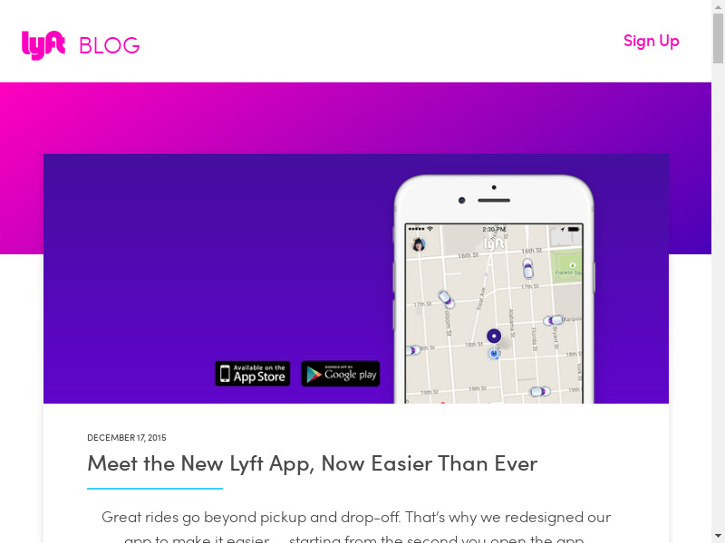 New Lyft App on IOS Landing page