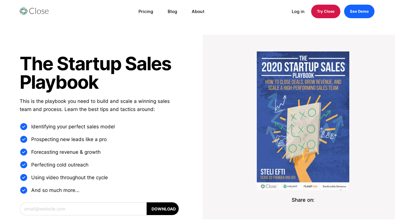 The 2020 Startup Sales Playbook Landing page