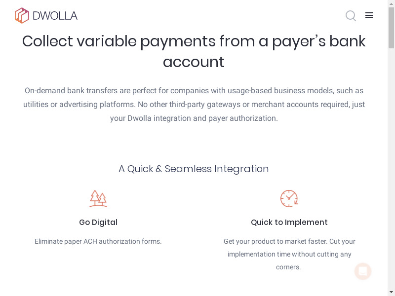 On-demand Bank Transfers by Dwolla Landing page