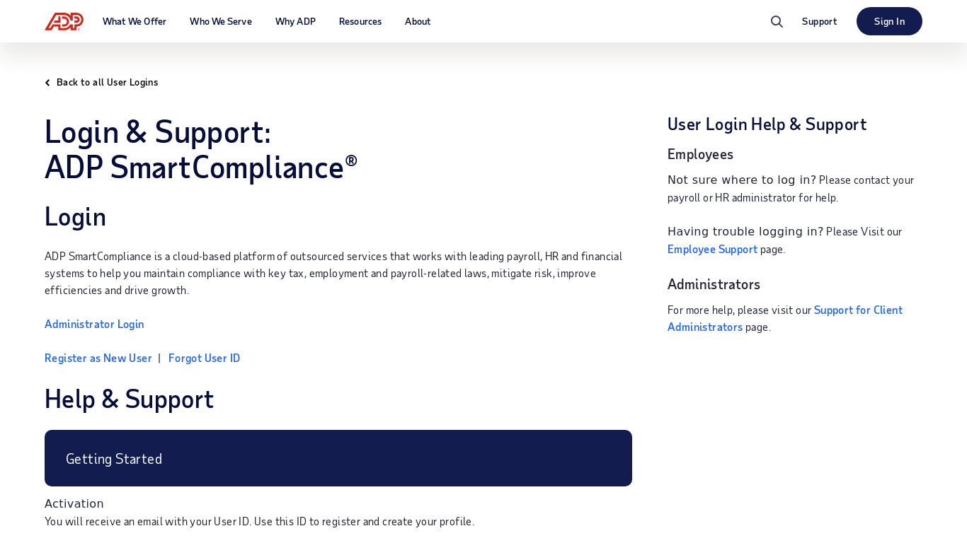 ADP SmartCompliance Landing page